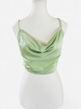 Light Green Satin Cowl Crop Top with Spaghetti Straps